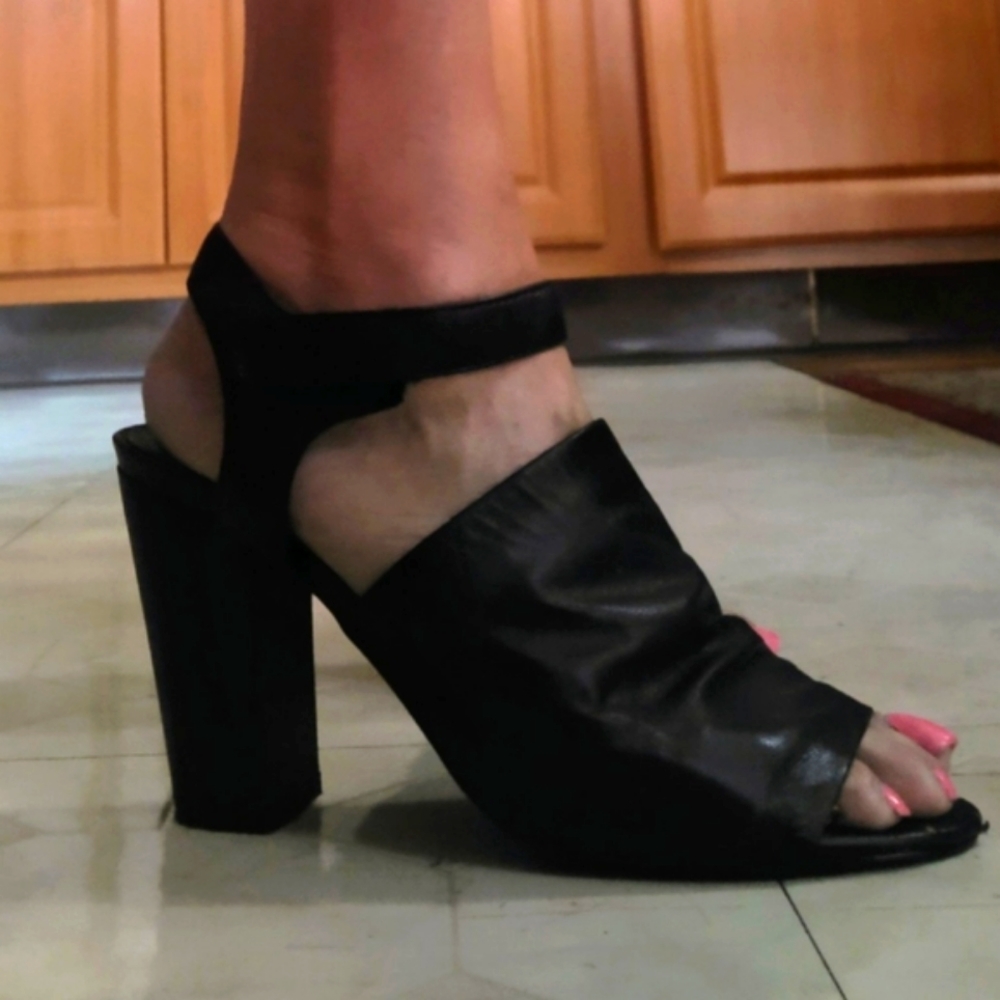 Leather Black Peep Toe Chunky High Heel Slingback Booties